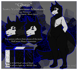 A reference sheet for Ghost, an Imaiga Shimmera