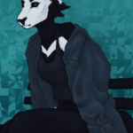 a drawing of Null sitting on a bench in front of an abstract background