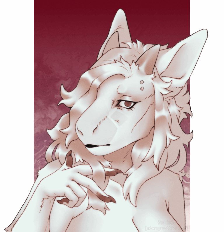 a portrait of Epsilon, a light creme anthropomorphic angel. He is looking at the viewer with lidded eyes and running his fingers through his fur