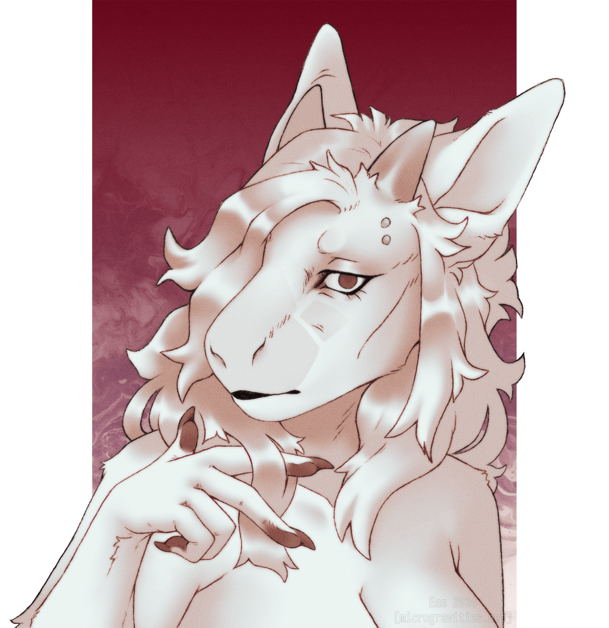 a portrait of Epsilon, a light creme anthropomorphic angel. He is looking at the viewer with lidded eyes and running his fingers through his fur