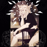 An abstract drawing of Epsilon, a beige anthropomorphic angel. He is sitting backwards on a chair and looking calmly at the viewer with lidded eyes.