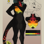 a reference sheet for Xyla, a dark brown anthropomorphic alien. She has a feline shaped head and a blunt beak at the end of her snout. She has teal ombre braids and her ears are split at the ends with teal plugs in her earlobes. She has a brightly colored chest, inner ears, and tail. She has rosette markings on her chest, arms, thighs, and tail. Her tail is long like a leopards and the fur at the tip is braided, the very tip of her tail is exposed and is covered in dark scales. The sheet consists of one colored full-body image, a line drawing profile view of her head, and a smaller colored shot of her bust