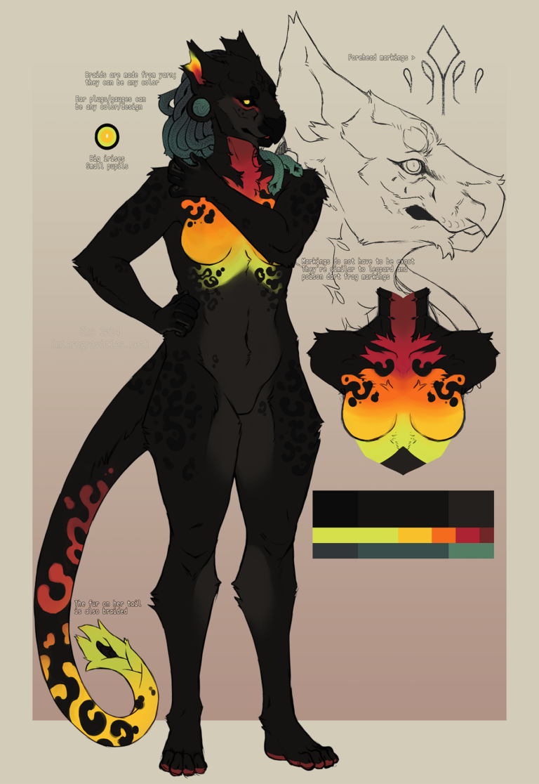 a reference sheet for Xyla, a dark brown anthropomorphic alien. She has a feline shaped head and a blunt beak at the end of her snout. She has teal ombre braids and her ears are split at the ends with teal plugs in her earlobes. She has a brightly colored chest, inner ears, and tail. She has rosette markings on her chest, arms, thighs, and tail. Her tail is long like a leopards and the fur at the tip is braided, the very tip of her tail is exposed and is covered in dark scales. The sheet consists of one colored full-body image, a line drawing profile view of her head, and a smaller colored shot of her bust