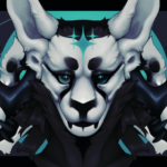 a surreal illustration of Null, a grey and black anthropomorphic alien. They are facing the viewer, with a neutral expression on their face. Behind them are two copies of themself, both are snarling and showing teeth facing away from each other