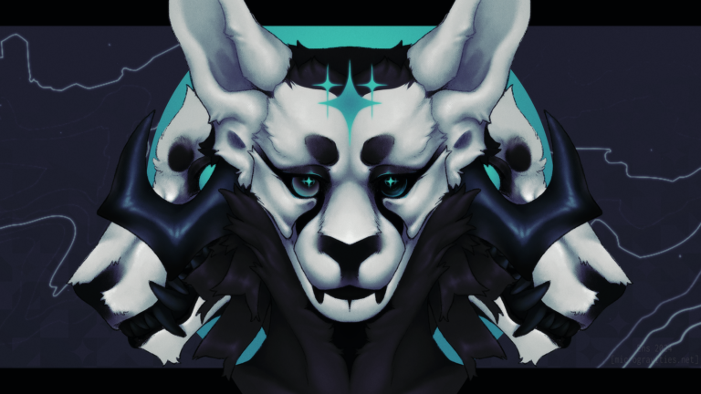 a surreal illustration of Null, a grey and black anthropomorphic alien. They are facing the viewer, with a neutral expression on their face. Behind them are two copies of themself, both are snarling and showing teeth facing away from each other