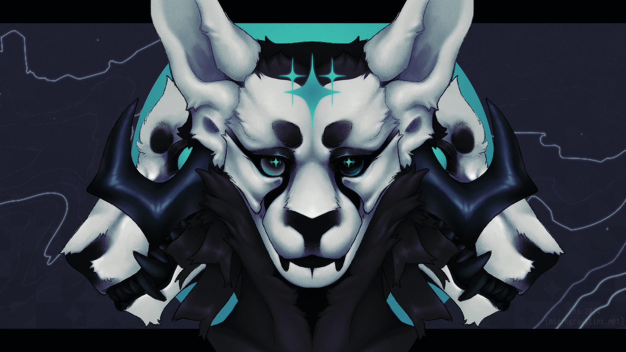 a surreal illustration of Null, a grey and black anthropomorphic alien. They are facing the viewer, with a neutral expression on their face. Behind them are two copies of themself, both are snarling and showing teeth facing away from each other