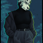 A drawing of Ens, a black and white anthropomorphic alien. They are wearing a black turtleneck sweater, grey pants, and a dark grey long coat. They are standing with their hands in their jacket pockets, looking at the viewer with a calm expression on their face.