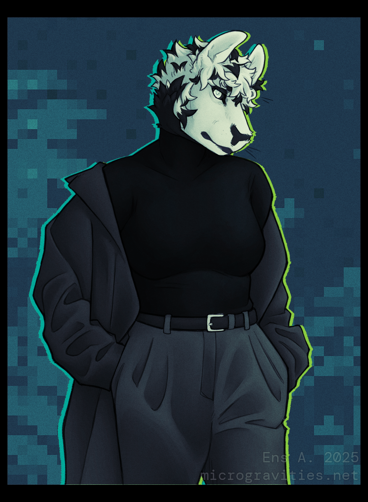 A drawing of Ens, a black and white anthropomorphic alien. They are wearing a black turtleneck sweater, grey pants, and a dark grey long coat. They are standing with their hands in their jacket pockets, looking at the viewer with a calm expression on their face.