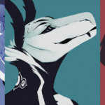 Three headshots lined up side by side, each one depicting a different Sedian: Phercy, a white and blue anthropomorphic android, Mir, a black and white anthropomorphic android, and Lorn, a black and white anthropomorphic android. Phercy has a unimpressed expression on his face glancing at the viewer from the side. Mir is looking up with a hopeful expression on their face. Lorn is smirking at the viewer