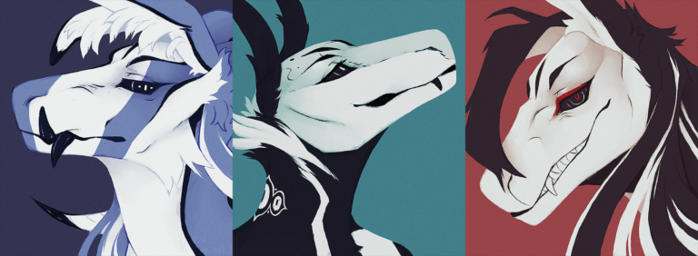 Three headshots lined up side by side, each one depicting a different Sedian: Phercy, a white and blue anthropomorphic android, Mir, a black and white anthropomorphic android, and Lorn, a black and white anthropomorphic android. Phercy has a unimpressed expression on his face glancing at the viewer from the side. Mir is looking up with a hopeful expression on their face. Lorn is smirking at the viewer