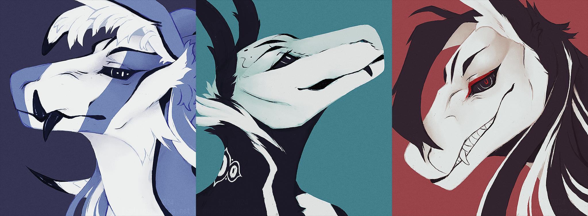 Three headshots lined up side by side, each one depicting a different Sedian: Phercy, a white and blue anthropomorphic android, Mir, a black and white anthropomorphic android, and Lorn, a black and white anthropomorphic android. Phercy has a unimpressed expression on his face glancing at the viewer from the side. Mir is looking up with a hopeful expression on their face. Lorn is smirking at the viewer